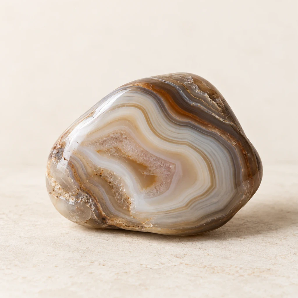 Agate polie aux bandes crème et brunes sur un lin naturel