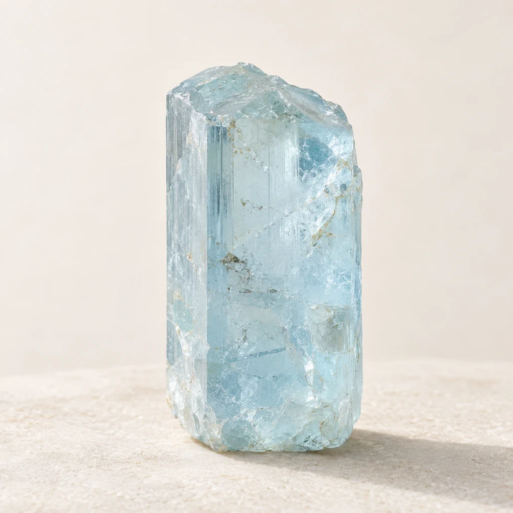 Cristal d’aigue-marine bleu pâle sur un support minéral clair