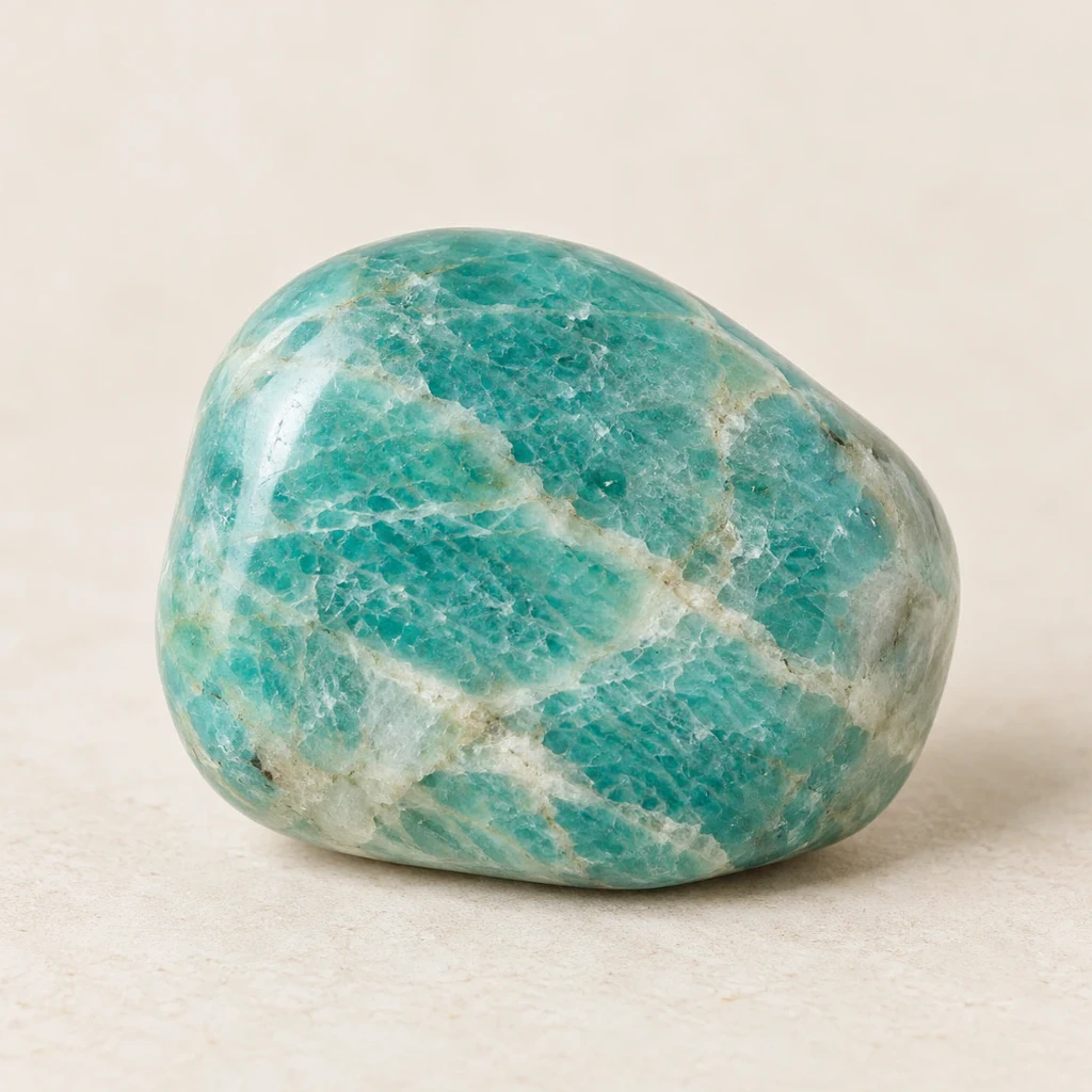 Amazonite polie bleu-vert aux motifs clairs sur du lin naturel