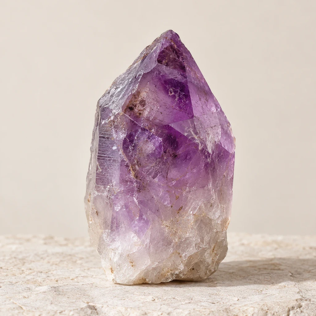 Cristal brut d’améthyste violette sur un support minéral clair