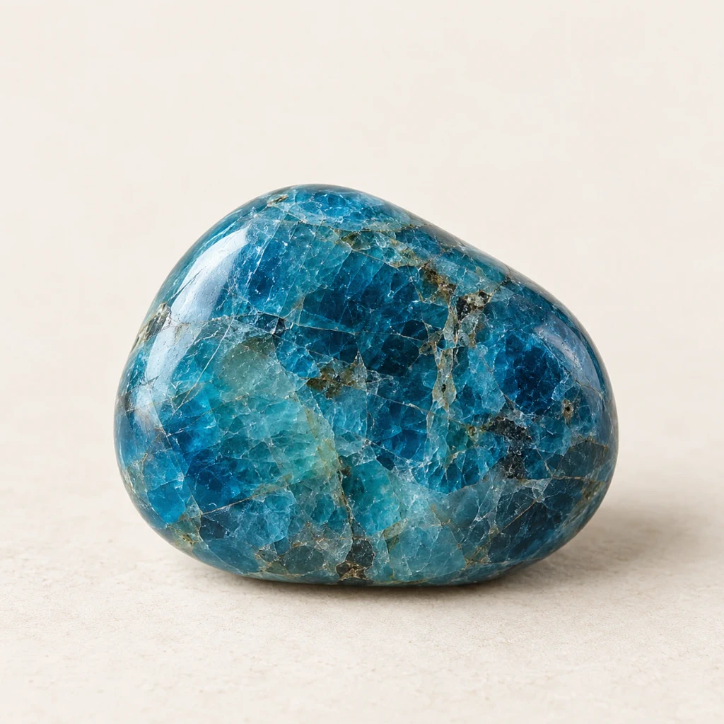Apatite bleue polie posée seule sur un support minéral clair