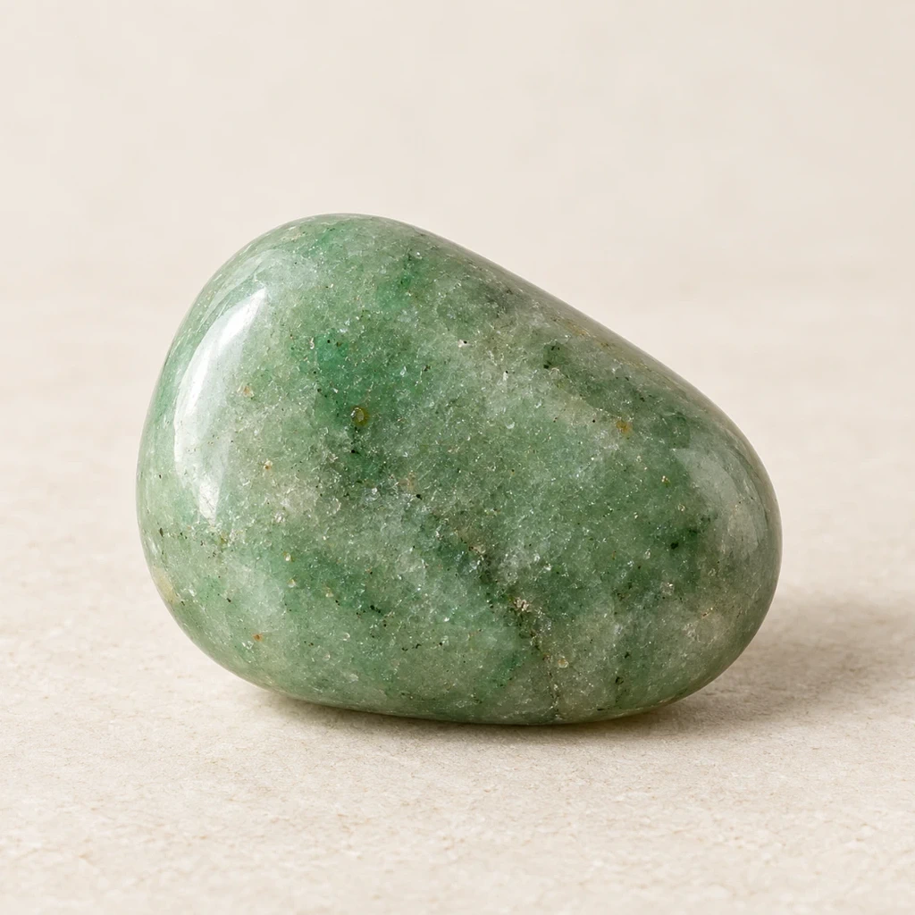 Aventurine verte polie aux reflets discrets sur un support clair