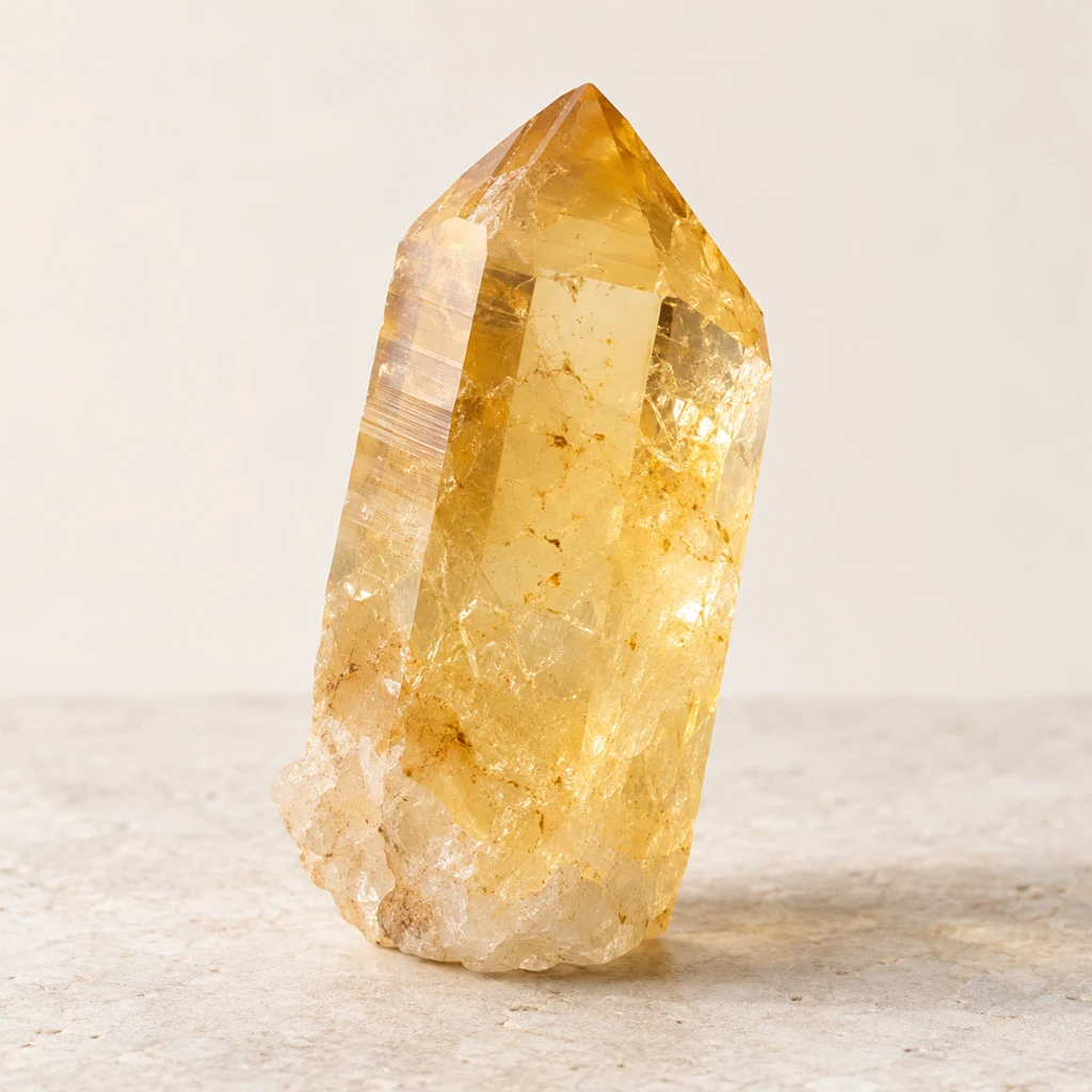 Citrine polie jaune pâle sur un support minéral clair