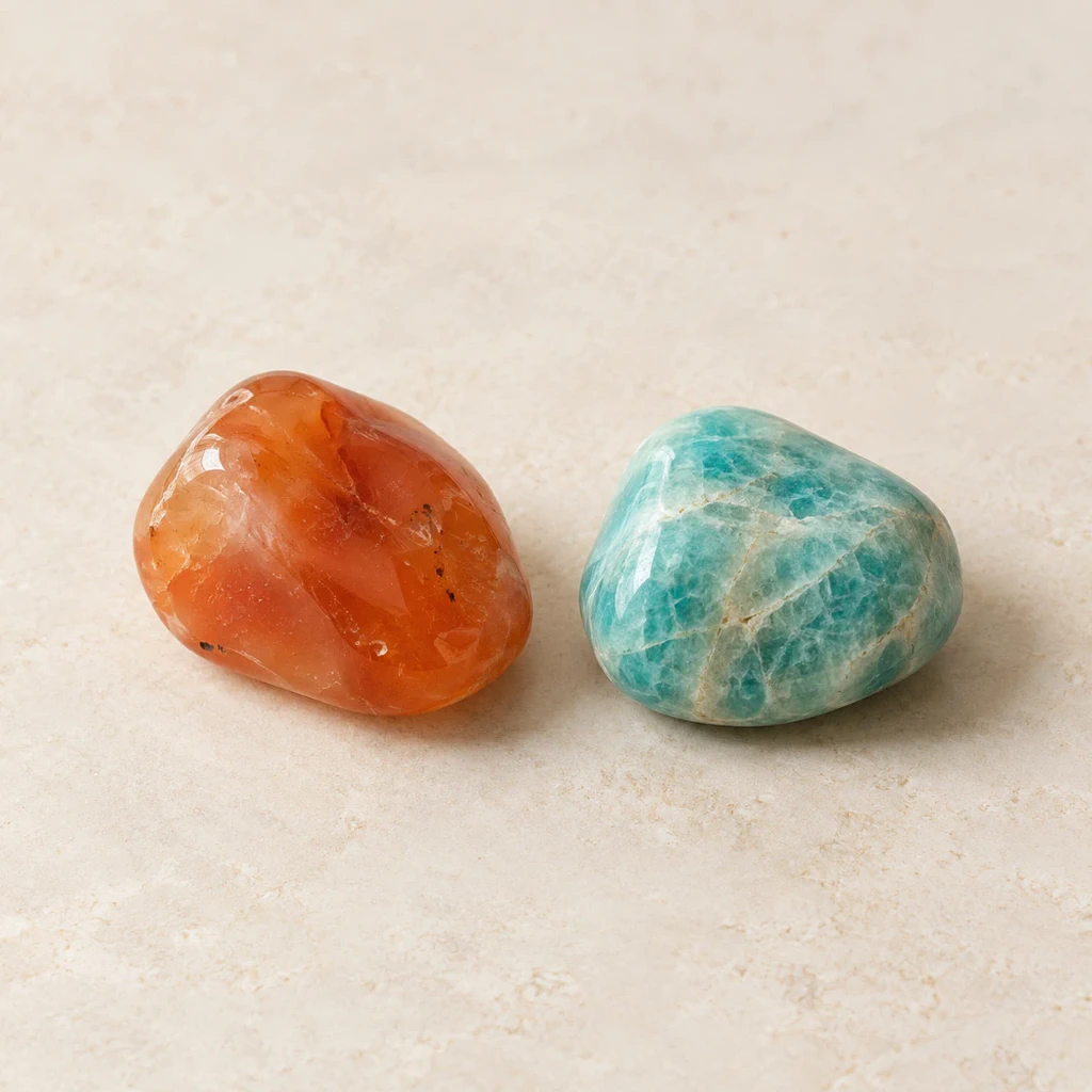Améthyste, quartz rose et cristal de roche sur fond beige