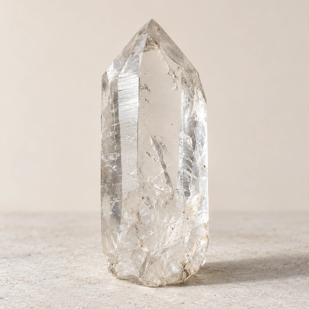 Cristal de roche brut transparent sur un support minéral clair
