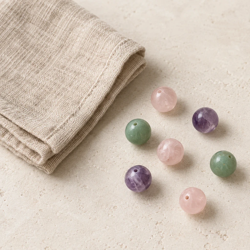 Perles non percées en quartz rose sur un support clair
