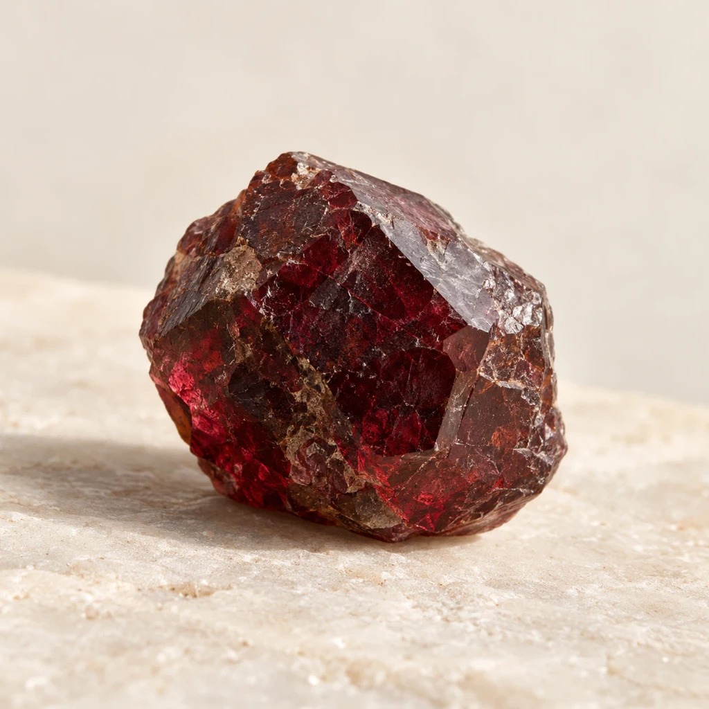 Grenat rouge profond poli sur un lin naturel