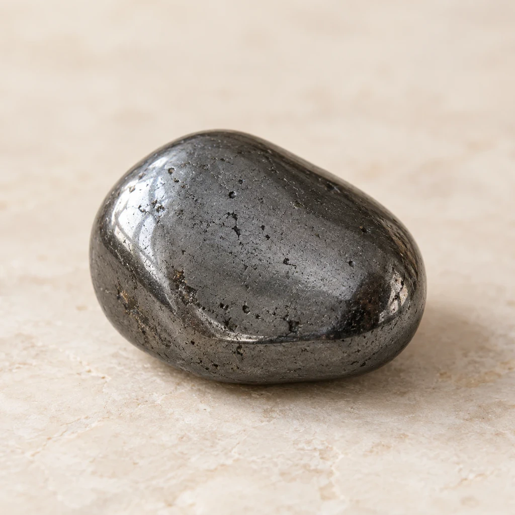 Hématite polie gris métallique sur un support minéral clair