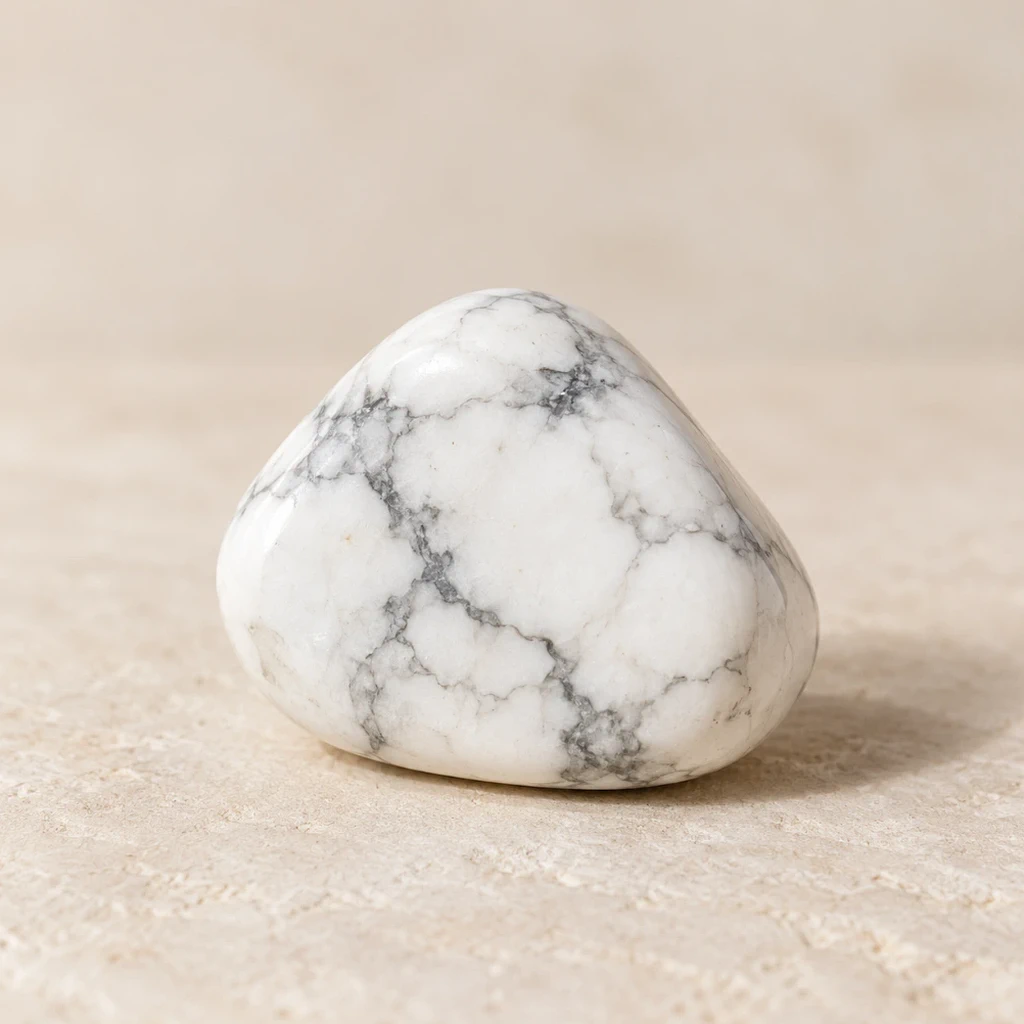 Howlite blanche polie sur un support minéral clair