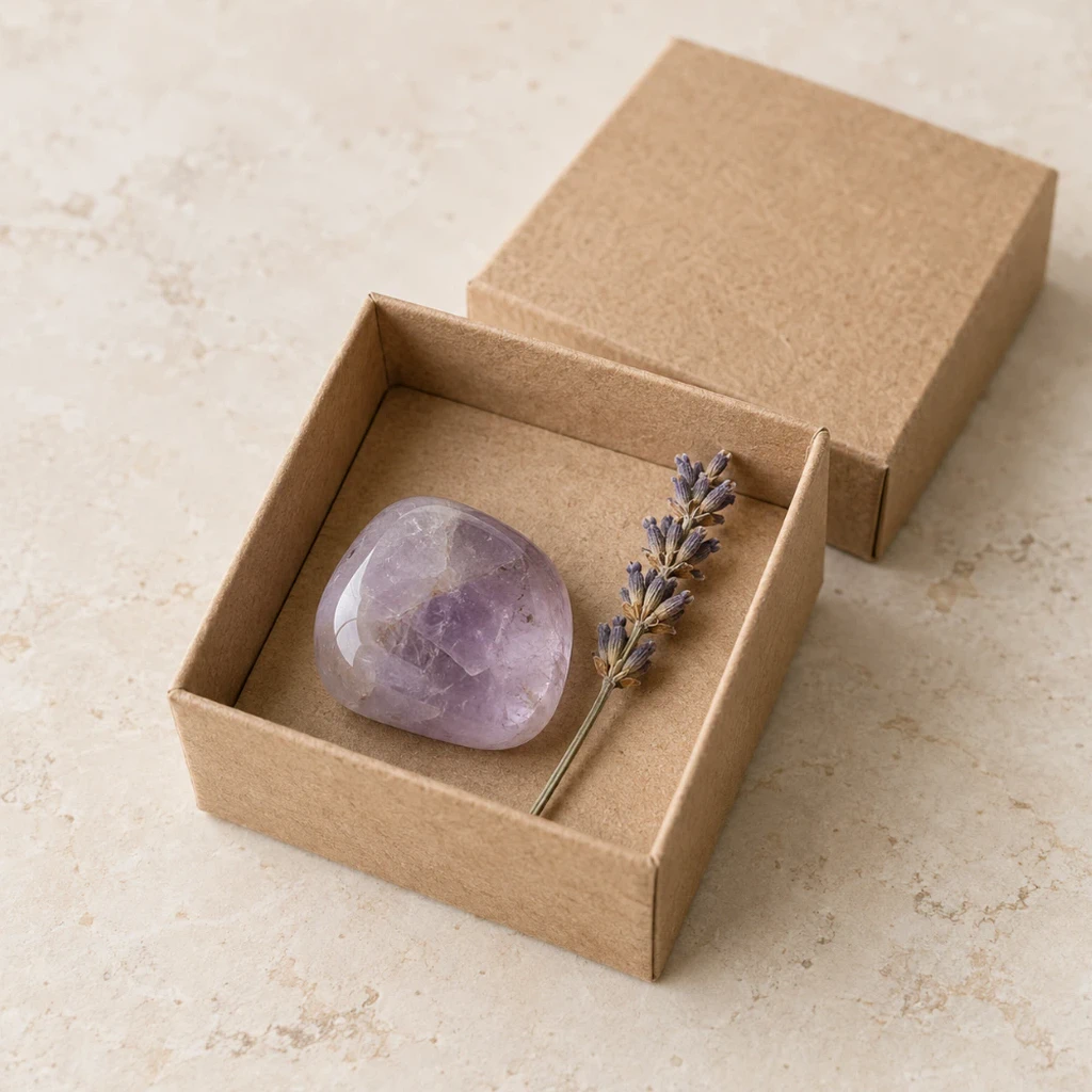 Quartz rose poli sur un support minéral beige clair