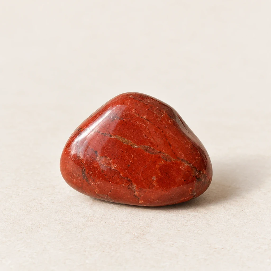 Jaspe rouge poli sur un support minéral beige clair