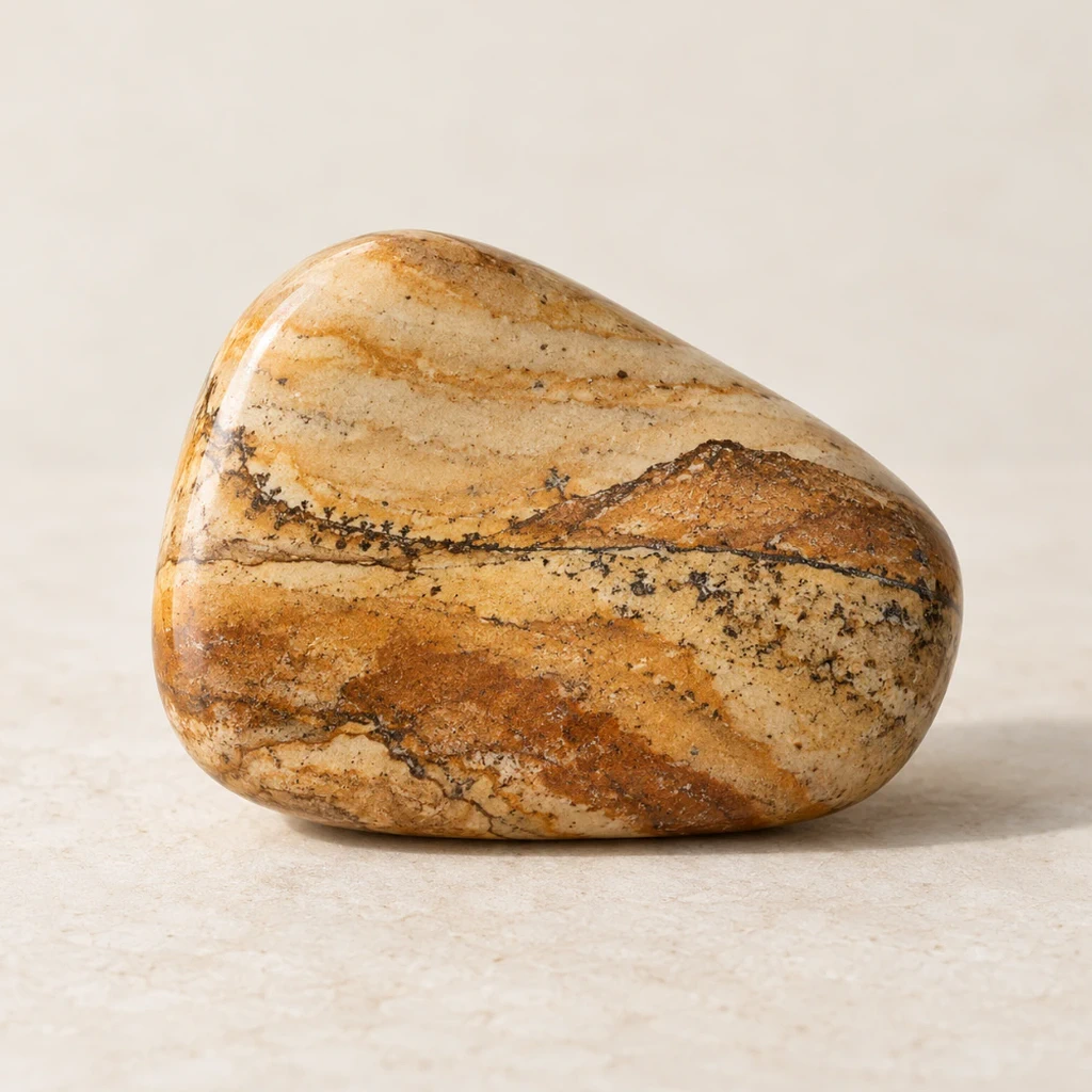 Jaspe poli aux motifs ocre et bruns sur lin naturel
