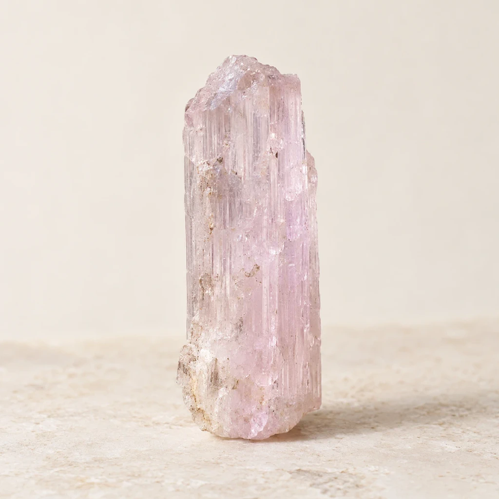 Cristal de kunzite rose pâle sur un support minéral clair