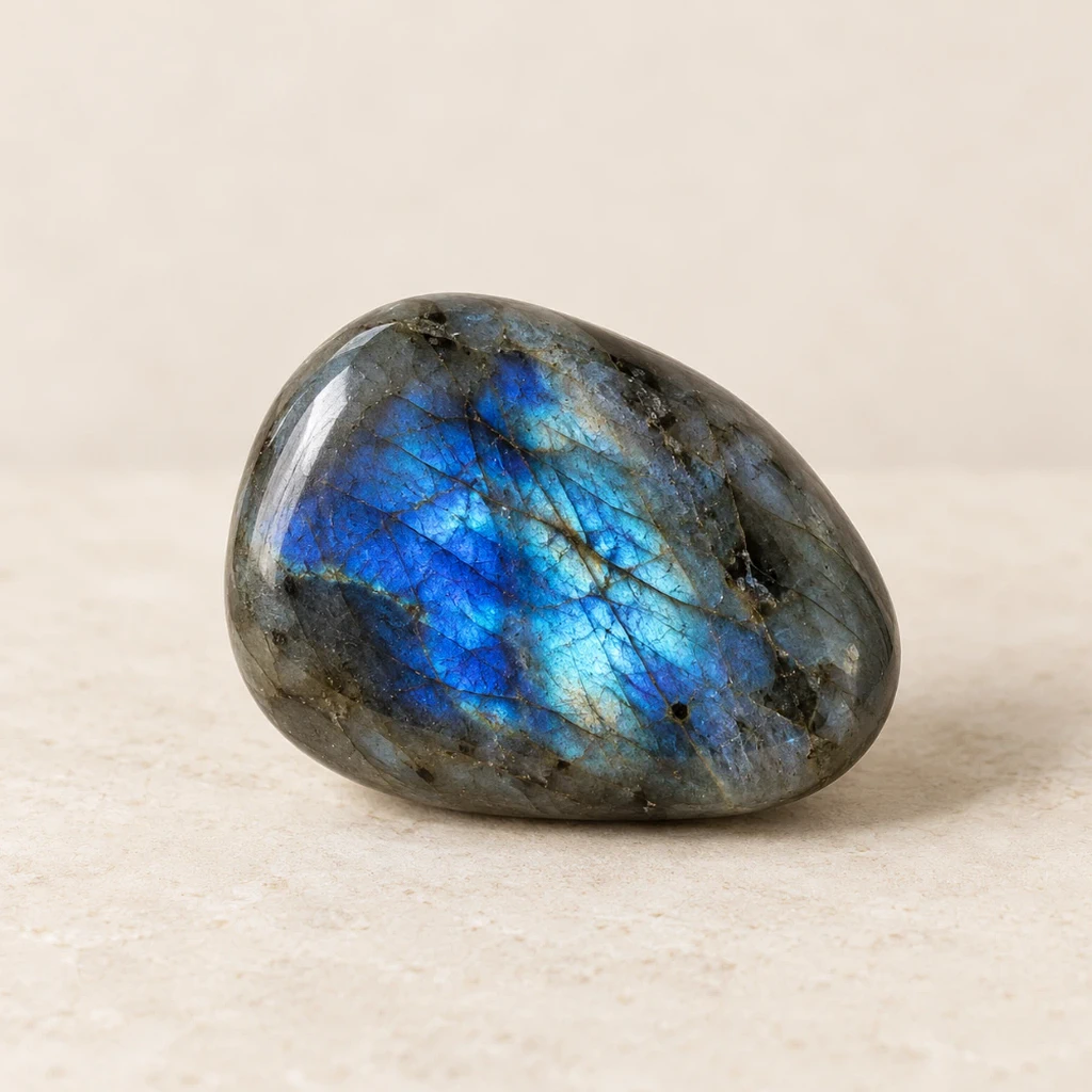 Labradorite polie aux reflets bleus sur un support minéral clair