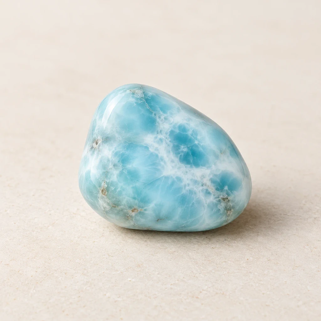 Larimar poli bleu et blanc sur un support minéral clair
