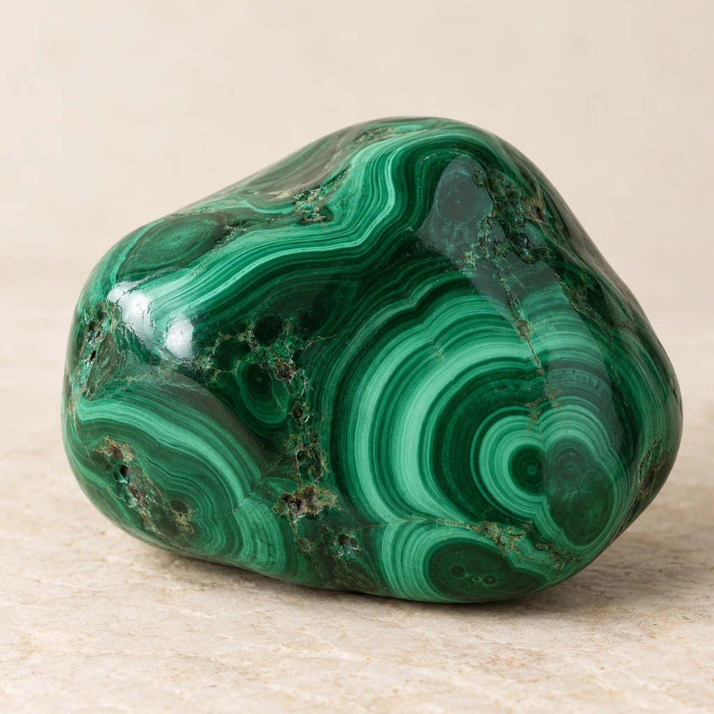 Malachite polie aux bandes vertes sur un support minéral clair