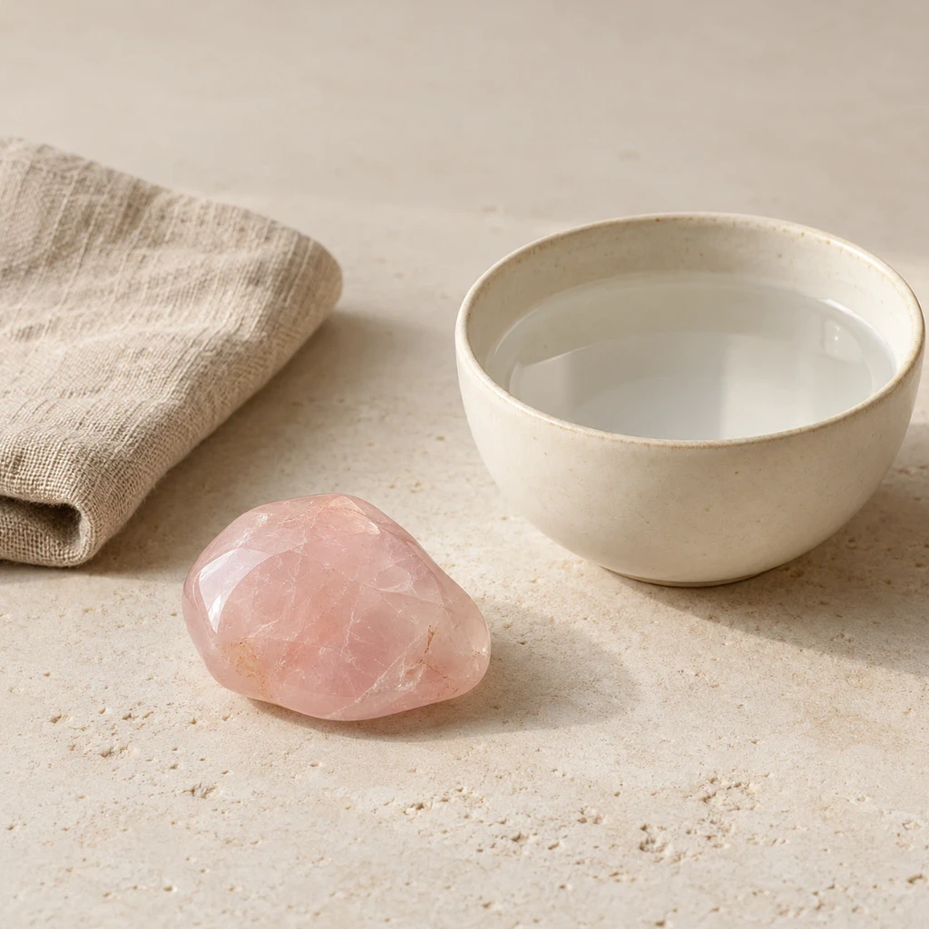 Pierres polies en quartz rose et améthyste sur lin naturel