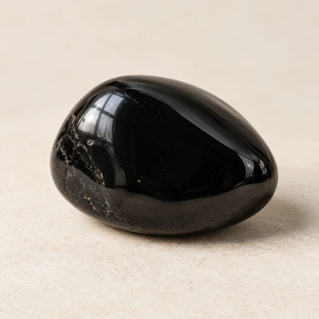 Obsidienne noire polie sur un support minéral clair