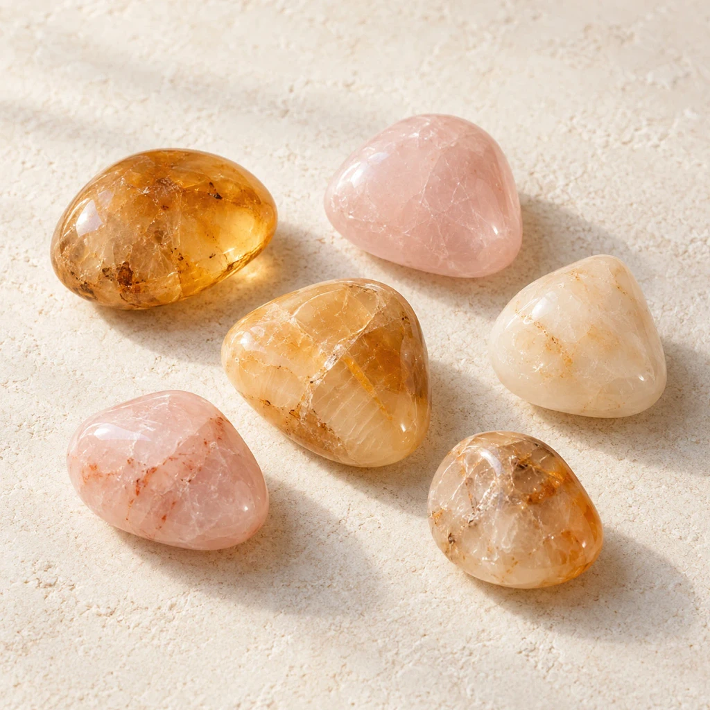 Quartz rose poli posé seul sur du lin naturel