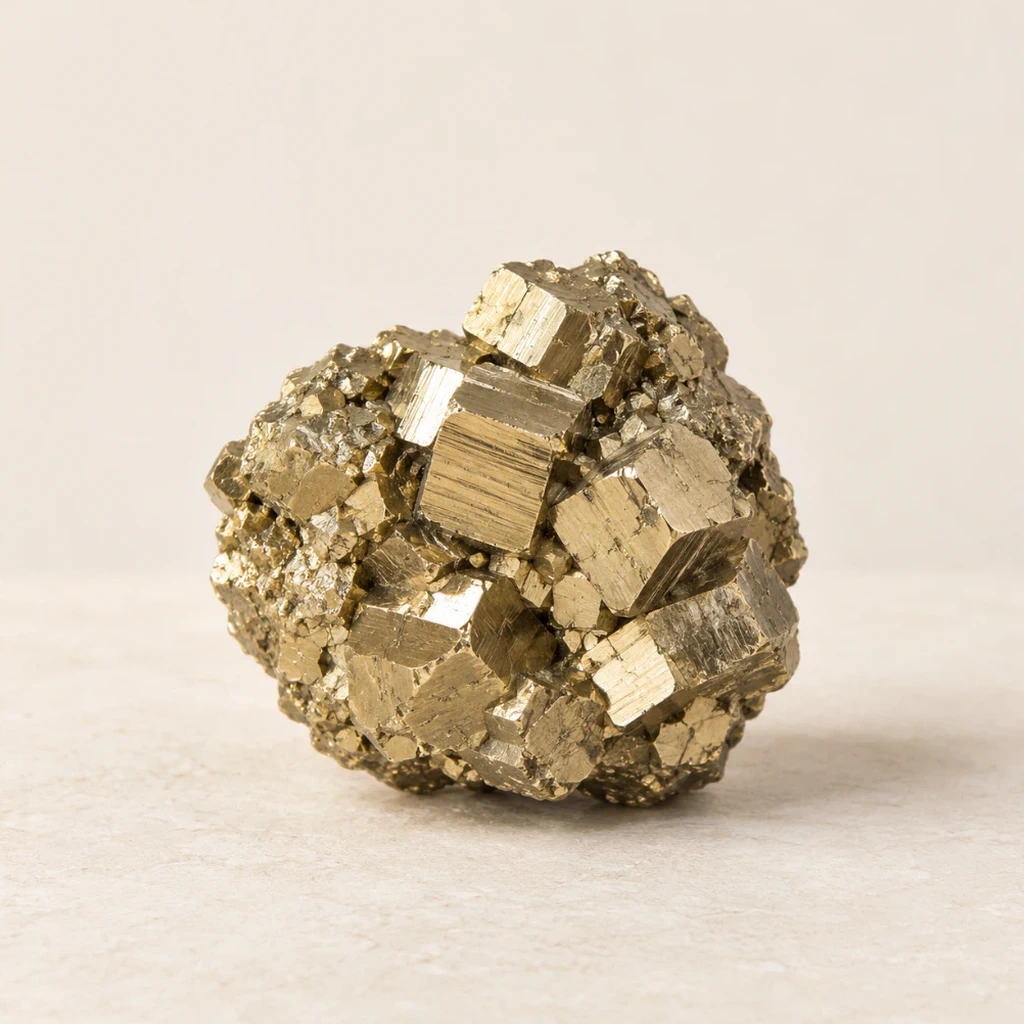 Cristaux cubiques de pyrite dorée sur un support minéral clair
