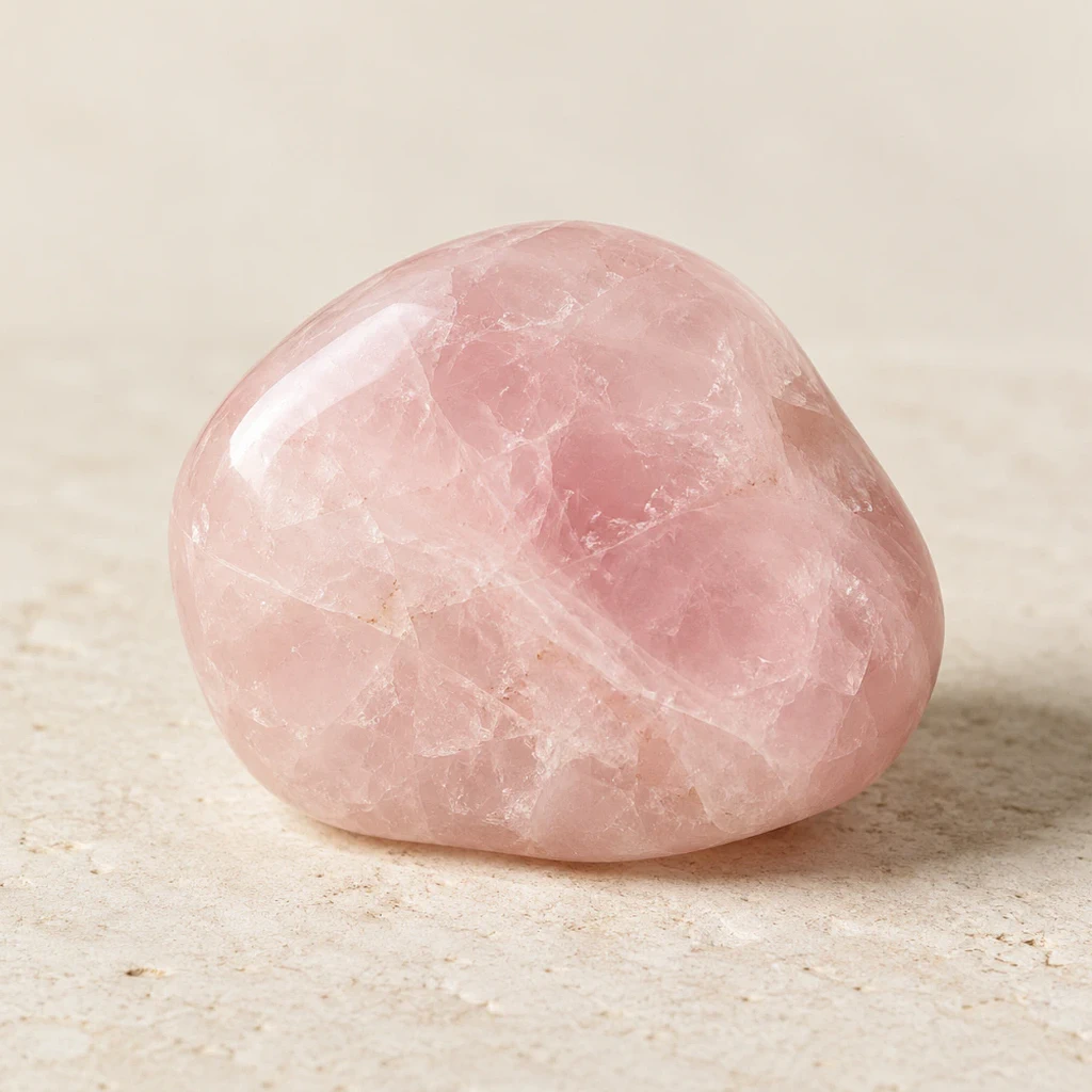 Quartz rose brut à la nuance pâle posé sur du lin