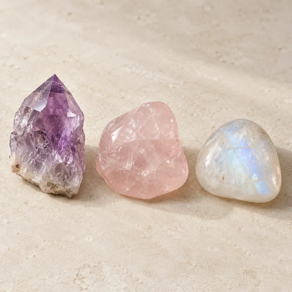 Améthyste, quartz rose et cristal de roche sur support clair