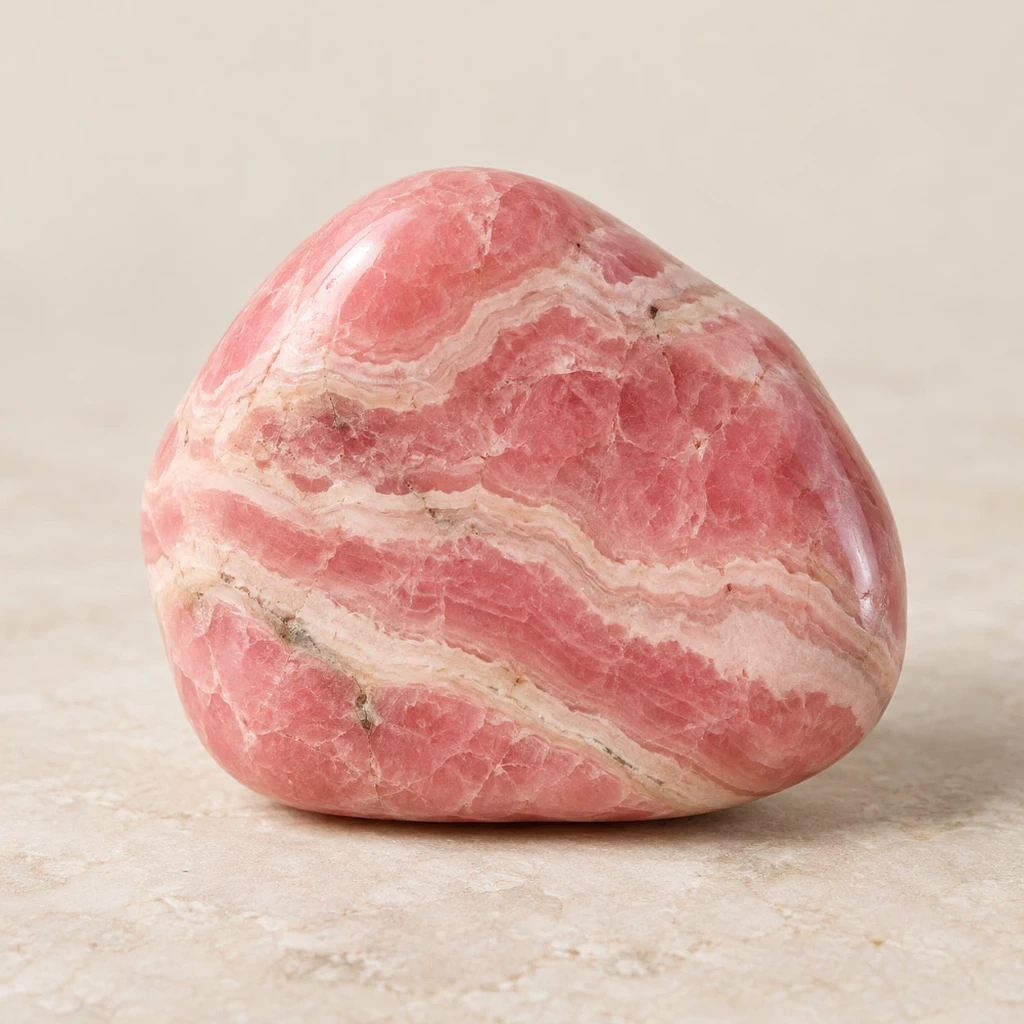 Rhodochrosite polie rose à bandes claires sur calcaire beige