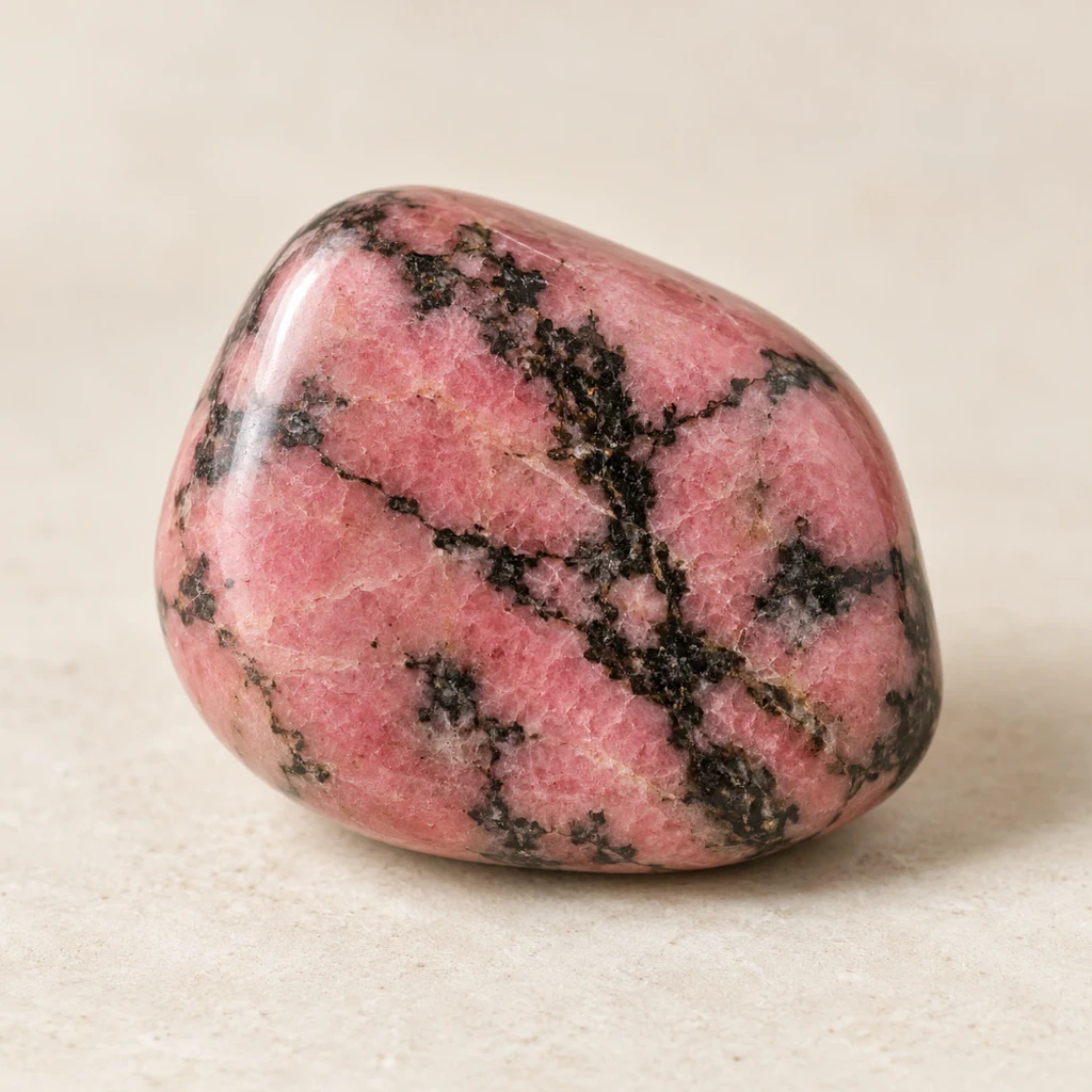 Rhodonite polie rose veinée de noir sur pierre claire