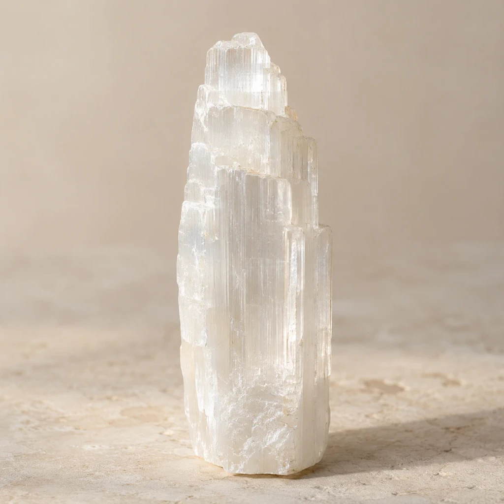 Cristal de sélénite transparent sur un support minéral clair