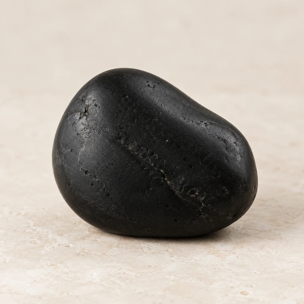 Pierre de shungite noire polie sur un lin naturel