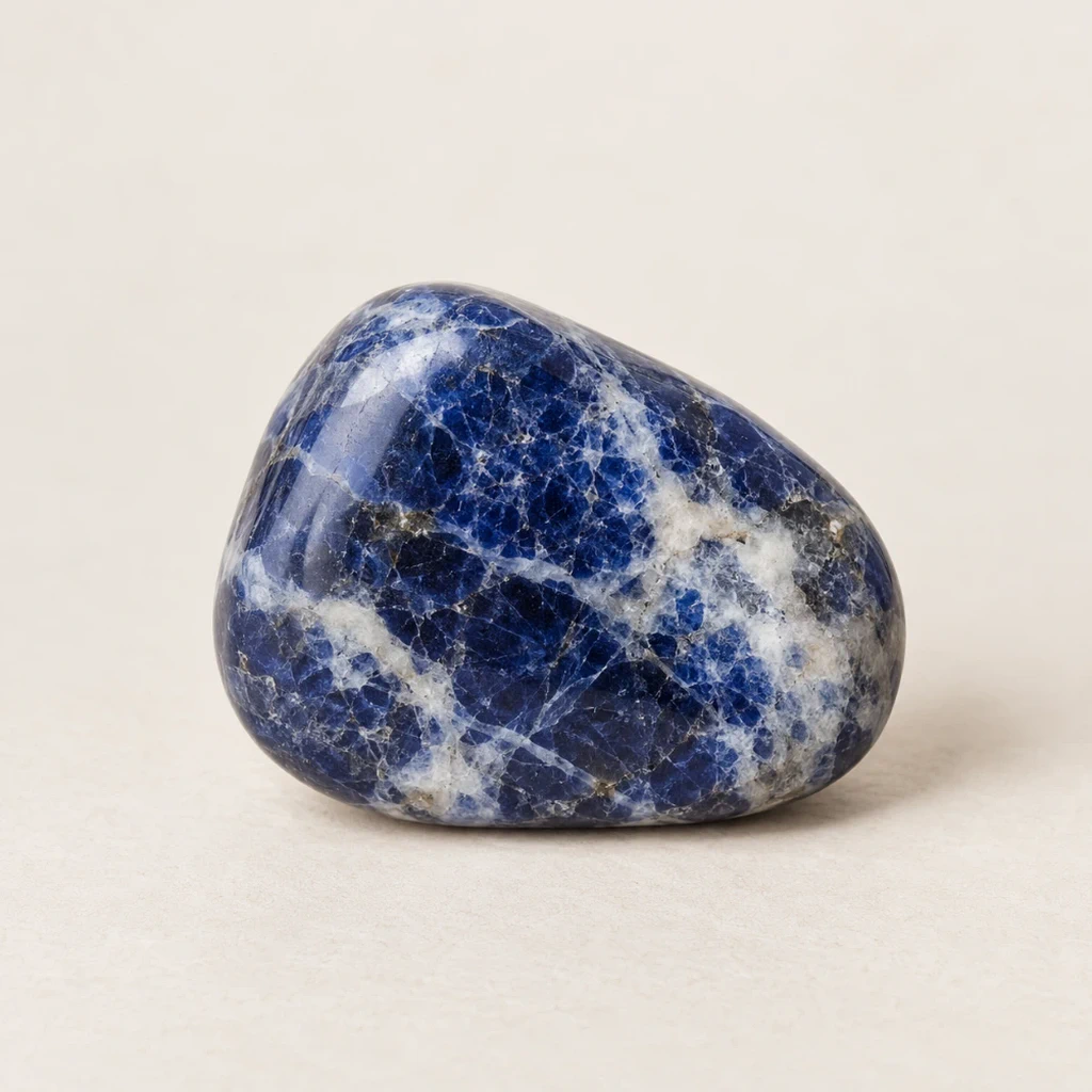Sodalite bleue polie aux motifs blancs sur un support clair