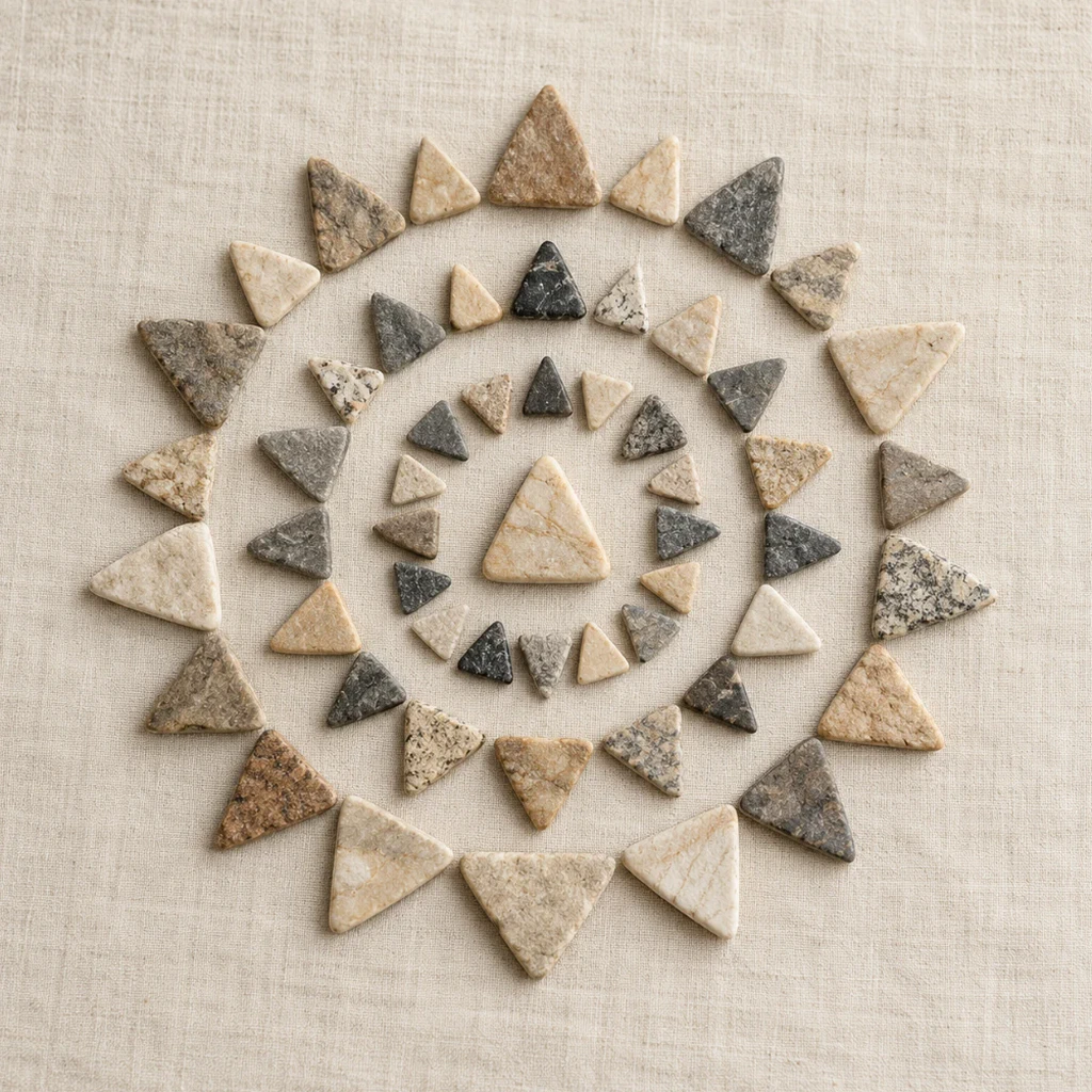 Fragments minéraux anguleux sur un lin naturel beige