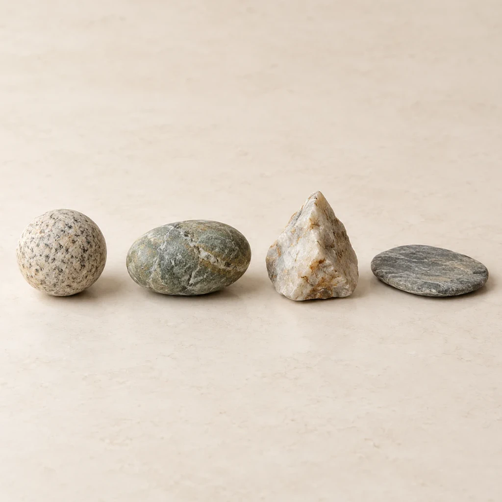 Galets ronds et fragments anguleux sur du lin beige