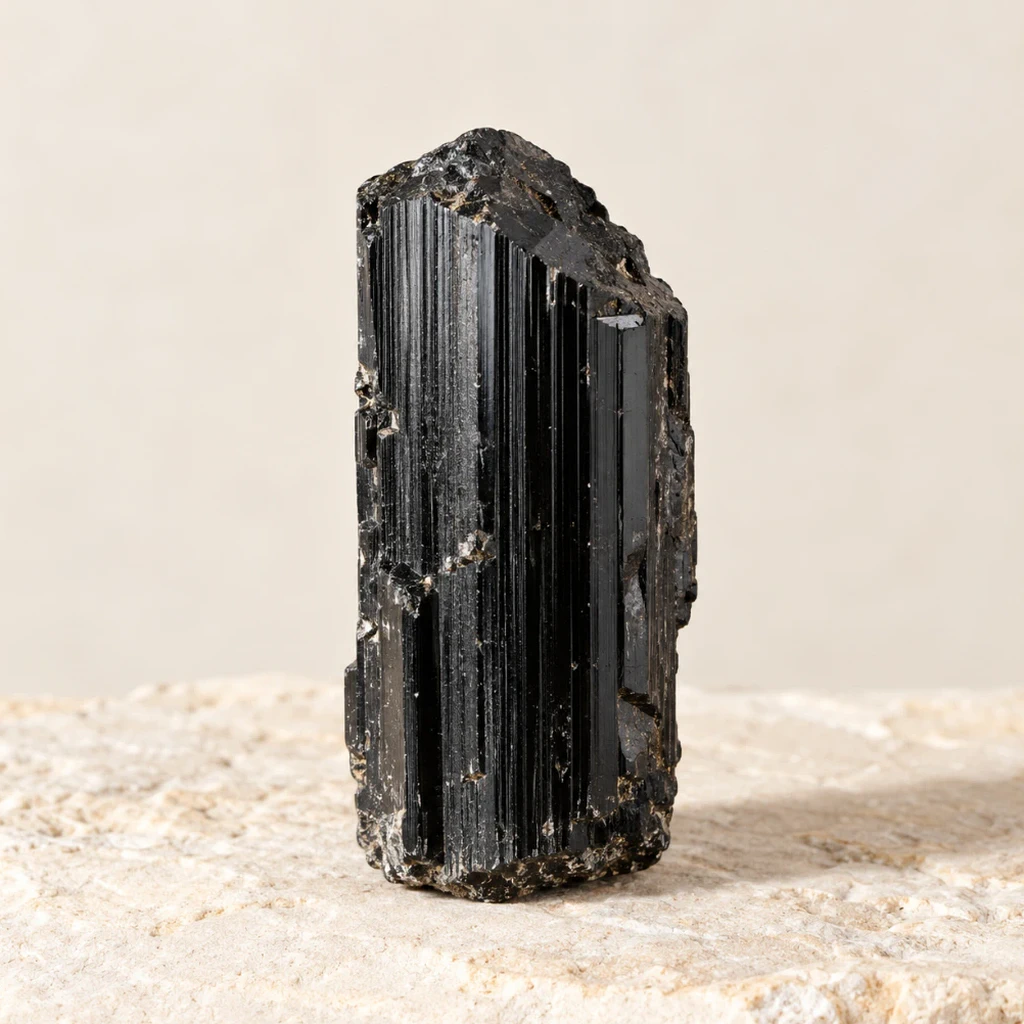 Cristal de tourmaline noire strié sur un support minéral clair