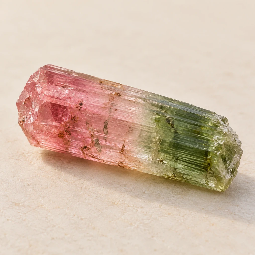 Cristal de tourmaline rose et verte sur un support clair
