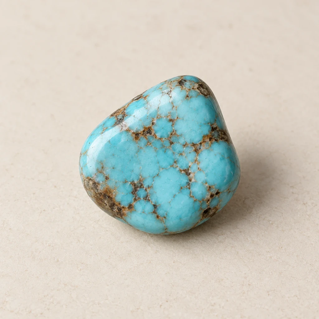 Turquoise polie veinée sur un support minéral clair