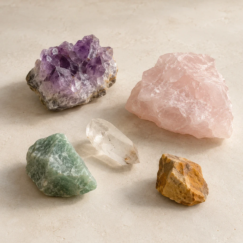 Galet de cristal de roche sur un support minéral clair