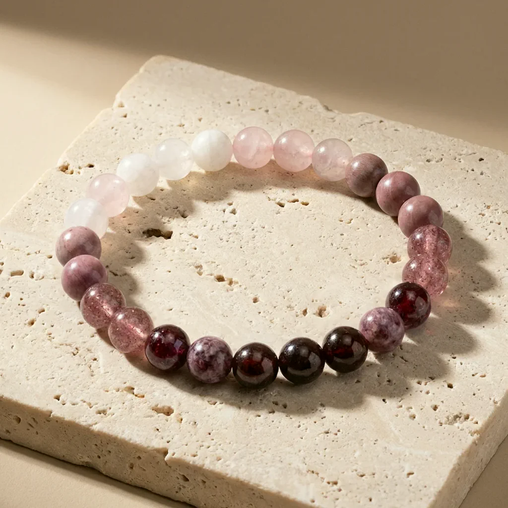 Bracelet en quartz rose et rhodonite — Harmonie Rosée — État d'Âme