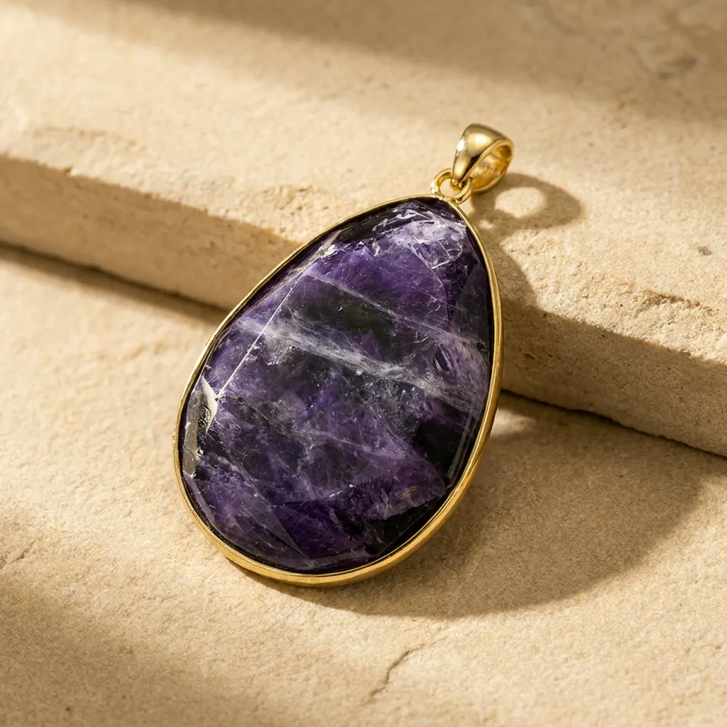 Pendentif en améthyste — Goutte dorée — État d'Âme