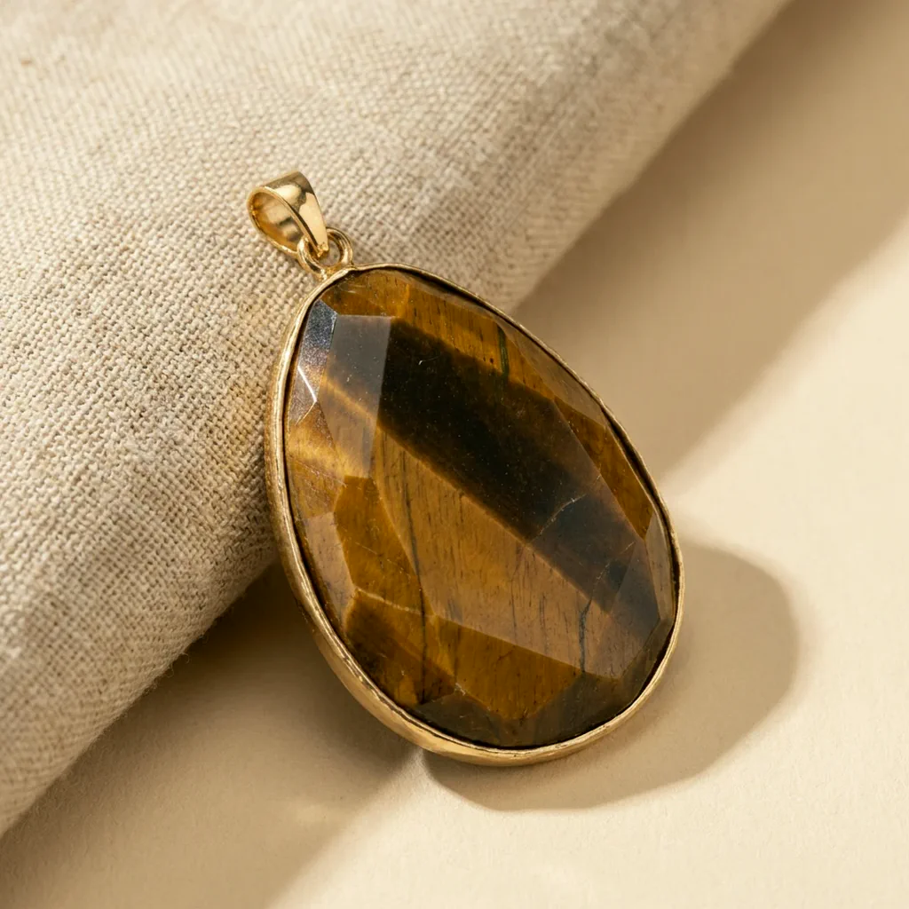 Pendentif en oeil de tigre — Goutte dorée — État d’Âme