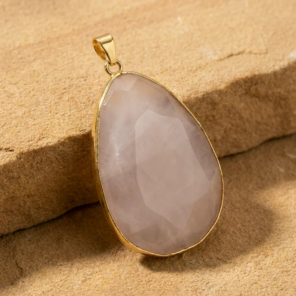 Pendentif en quartz rose — Goutte dorée — État d'Âme