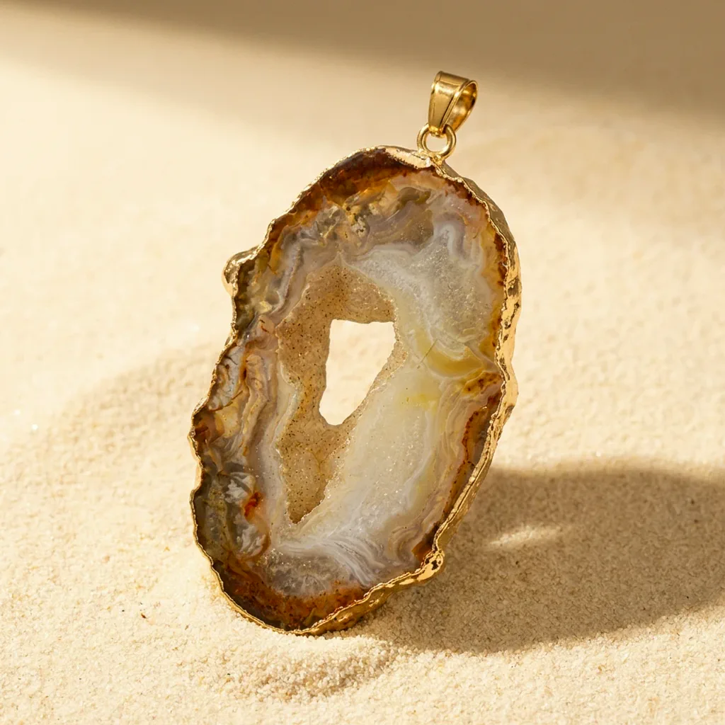 Pendentif géode en agate druzy dorée — État d'Âme